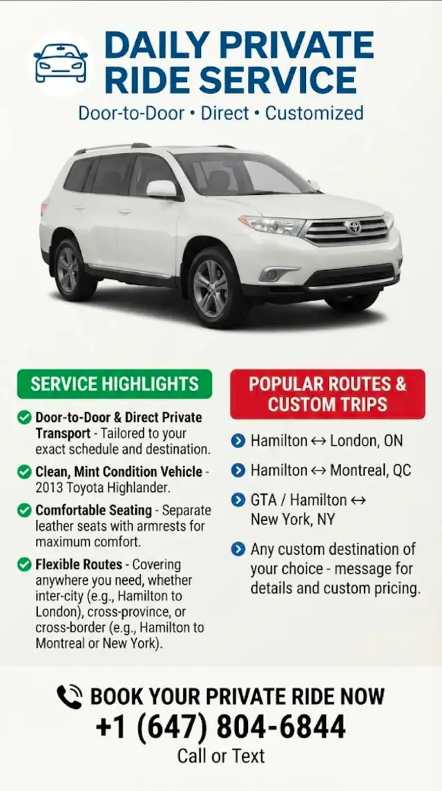  DAILY PRIVATE RIDE SERVICE Door-to-Door • Direct • Customized