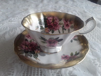 FINE BONE CHINA WIDE CUP SAUCER - VIOLETS, GOLD - QUEEN ANNE