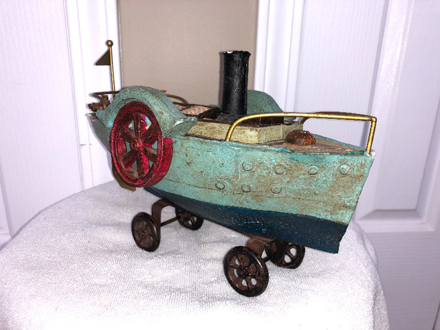 Very Heavy Vintage Folk Art Steam Paddle Wheeler on Wheels 9 1/2 in Arts & Collectibles in Sunshine Coast - Image 4