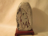 Wolf Painting on Stone with Wooden Stand