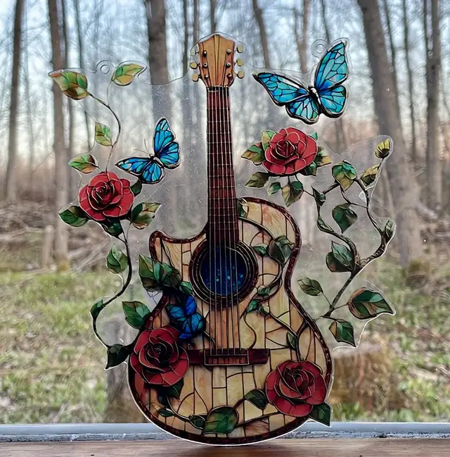 Acrylic Suncatcher Bass Guitar Rose Butterfly 8x6.5” Home Deco