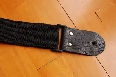 BLACK GUITAR STRAP WITH SHOULDER PAD LEATHER ENDS, 5CM W,148 CM, View more