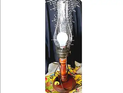 VINTAGE TABLE LAMP, WOOD AND BRASS BASE, CLEAR GLASS SHADE, View more