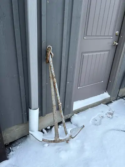 Large Ships anchor, scale it to the door, probably 80 to 100 pounds. Great if you own the Bluenose o...