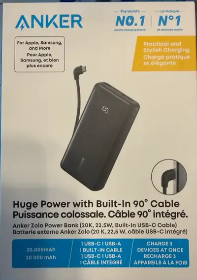Anker Zolo Power Bank 20,000mAh 1 USB-C 1 USB-A 1 Built-in Cable Charge 3 devices at once Original P...