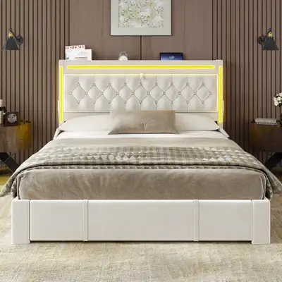 Queen size bed with storage and LED lights headboard, View more