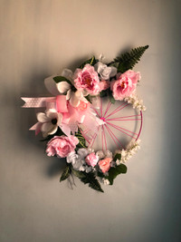 White Magnolia and Pink Peony Wreath on Double Spoked Bike Frame