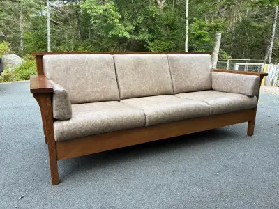 Solid Quarter-Sawn White Oak & Leather Couch + Loveseat Set, View more