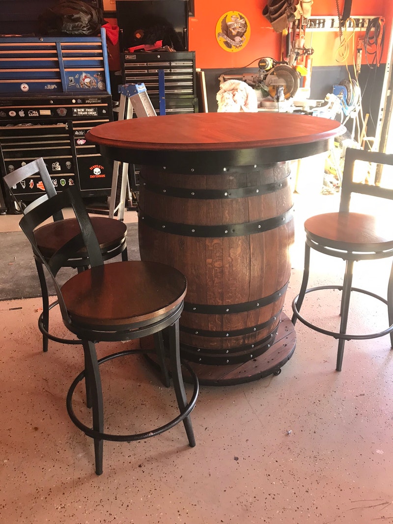 Whiskey barrel bar table and chairs Dining Tables & Sets Fort