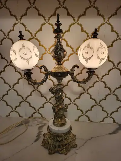 Old Hollywood Vintage Brass and Marble Table Lamp, View more