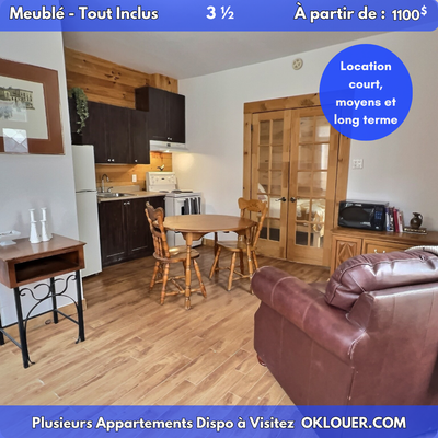 APPARTEMENT TOUT INCLUS DISPONIBLE DÈS MAINTENANT Location temporaire | À partir de 1100 $ / mois en...
