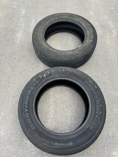 Selling 2 used Continental Cross Contact Sport tires, sized at 235/65R18 with a tread depth of 6/32.