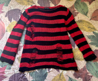 grunge style stripped & ripped red and black sweater