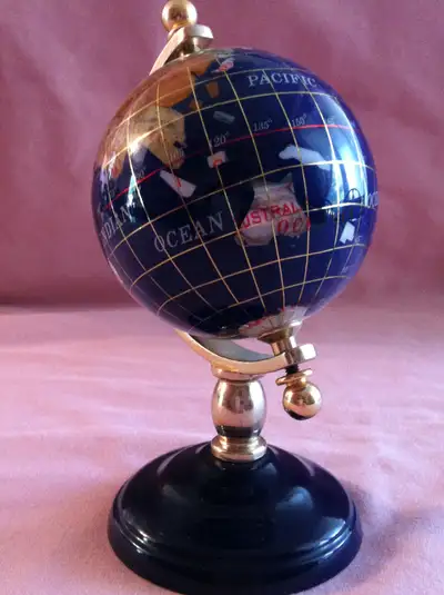 A nice vintage Blue Inlaid Gemstone World Globe 5.5” Tall, globe measures 3.2 inches in diameter. Mi...