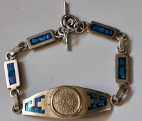 Vintage 925 Sterling Silver Fire Opal Mayan Calendar Bracelet