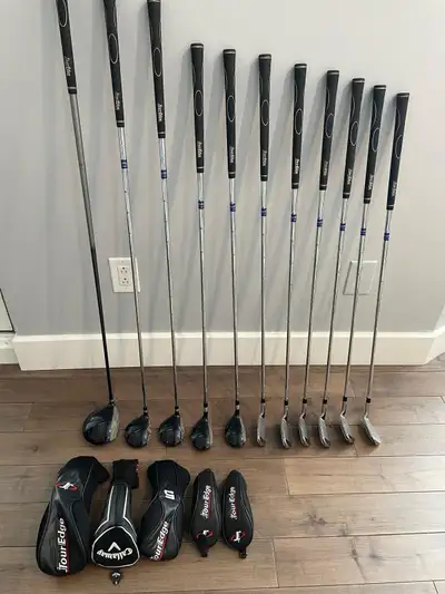 Wedge, irons, hybrids, woods, and driver: PW, 9i, 8i, 7i, 6i, 5i, 4H, 5H, 5W, 3W, D. (A putter could...