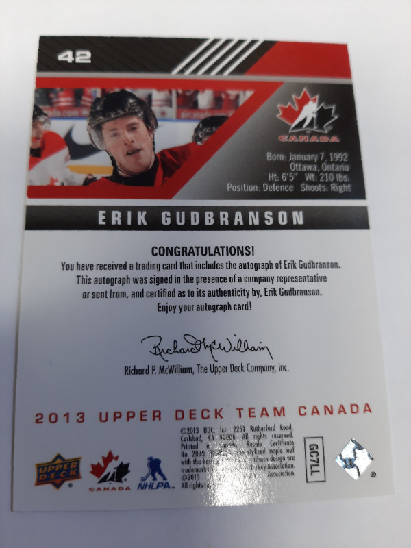 Erik Gudbranson 2013 Upper Deck Team Canada Gold Signatures #42 in Arts & Collectibles in Oakville / Halton Region - Image 2