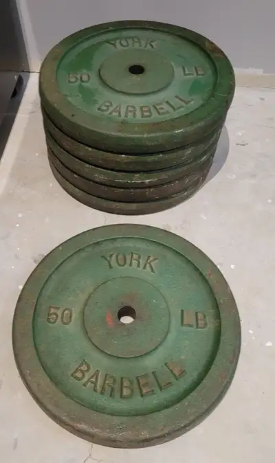 York 50 lb Weight Plates (6 plates; standard 1" hole)., View more