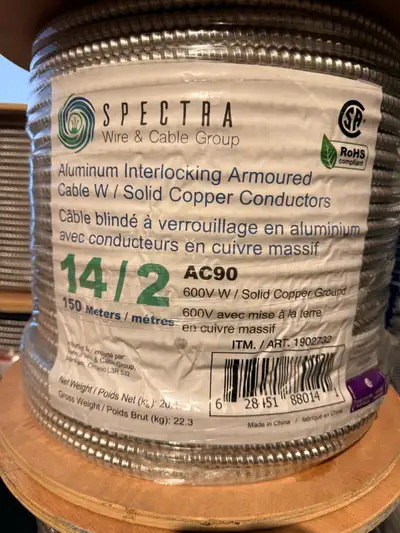 AC90 armoured electrical cable available for immediate pickup or delivery across the GTA. Ideal for...