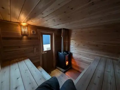 Spacious outdoor wood fired fully insulated Sauna, View more