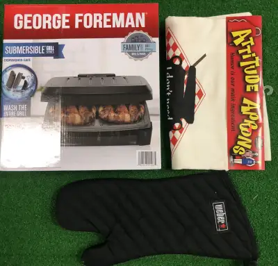 Lot Sale Only. 1. George Foreman Submersible Grill Family Size - New in box 2. Attitude Aprons (Ital...