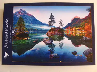 1000-piece "Hintersee Lake, Germany" jigsaw puzzle, Bluebird brand, made in France. No pieces are mi...