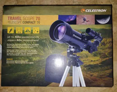 Celestron Travel Scope 70, a compact and portable telescope perfect for beginners. It features up to...