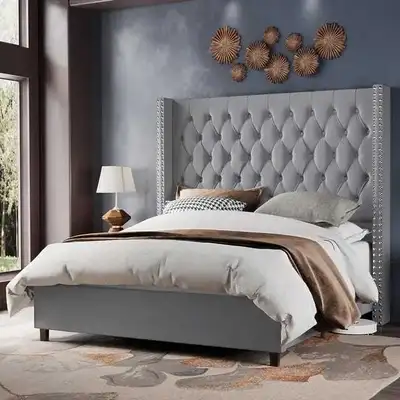 King Size Wingback Tufted Bed Frame with Silver Nailhead, View more