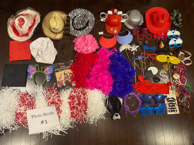PHOTO BOOTH PROPS Hat Glasses Boas Necklaces 60+ pieces LOT #1 in Costumes in Edmonton