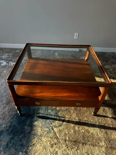 Vintage Solid Wood Glass Top Coffee Table – Mid Cent, View more
