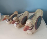 Vintage hand carved & painted rustic wooden duck trio