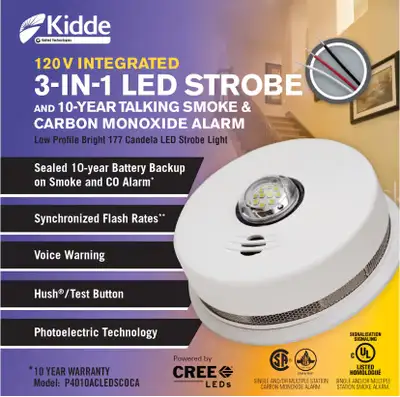 Used Kidde 3-in-1 LED Strobe, 10-Year Talking Smoke & CO Alarm. Expires in 2030. $150 for all 6 unit...