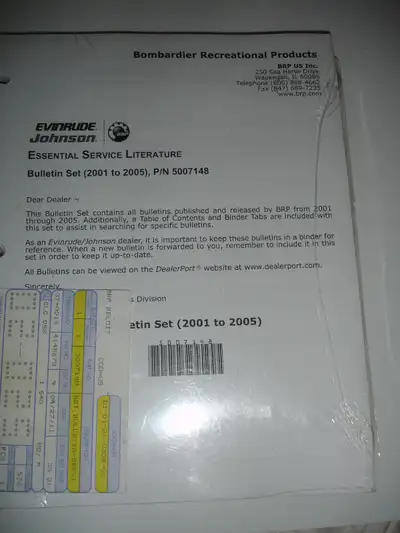 set of factory sealed set of Evinrude / Johnson essential service literature Bulletin set 2001-2005...