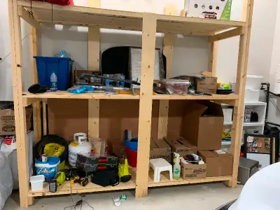 Custom made shelving unit for garage size 102”W,82”H,30”D