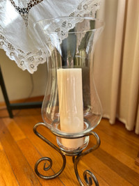 Metal and Blown Glass Hurricane Pillar Candle Holder