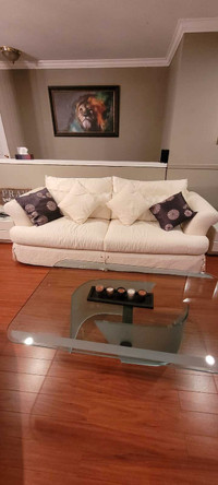 Sofa couch and chair with glass coffee table