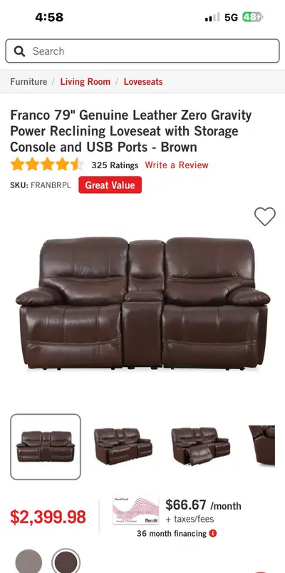 Brown Leather Loveseat Recliner with Cup Holders, View more