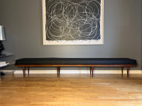 Mid century modern Teak gallery bench - 117” long - newly uphol