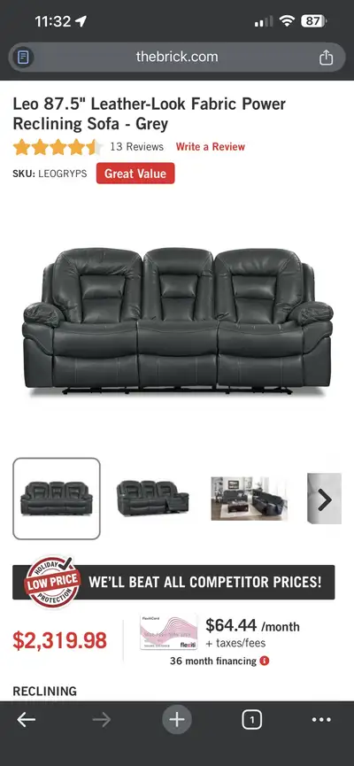 Leo Sofa with loveseat recliner, leather-like from The Brick, View more