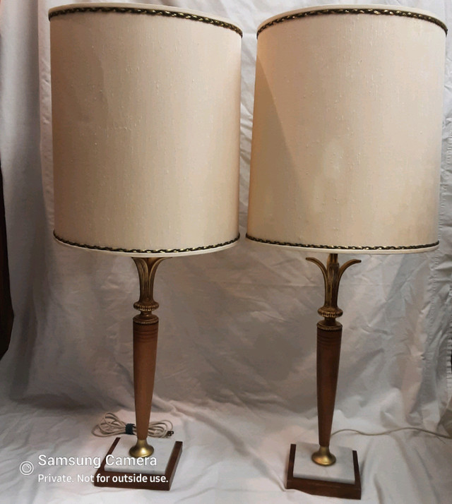 Beautiful Pair of MCM Teak 1960s Table Lamps, Denmark Tri-light in Indoor Lighting & Fans in Calgary