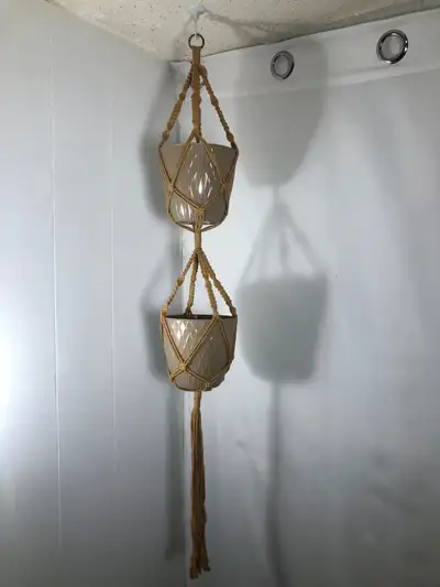 Tan Double Macrame Plant Hanger with Tan Pots. NEW. 6” plastic pots All brand new $28 Cash or E-tran...