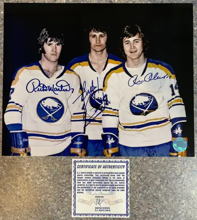 The French Connection Gilbert Perrault, Rick Martin, Rene Robert Buffalo Sabres signed 8x10 Photo wi...