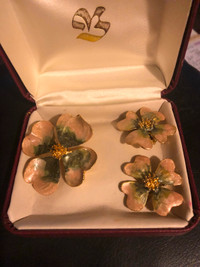 Flower pin and clip earrings