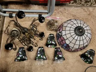 Coordinated Tiffany style stain glass table lamp and chandelier, View more