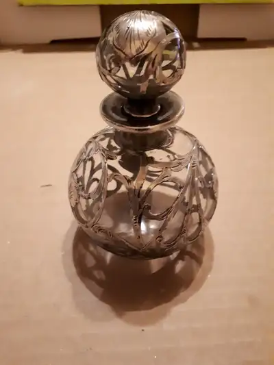 Stunning Antique 999 Fine Silver overlay on perfume bottle 1910, View more