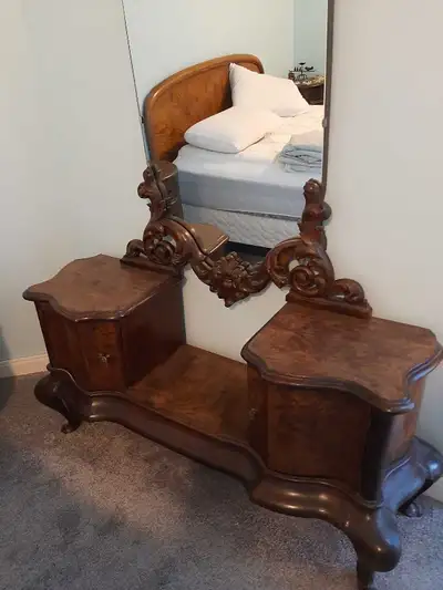 Antique cabinet .and Cooper wrapped end tables, View more