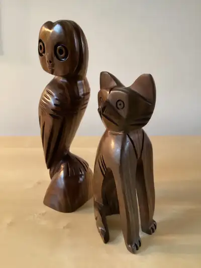 2 Vintage Hand Carved Ironwood Figurines Sculptures (Owl & Cat), View more