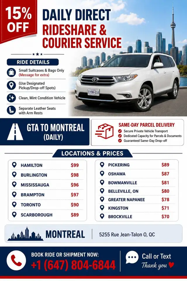GTA → MONTREAL DAILY RIDES & SAME-DAY PARCEL DELIVERY | 15% OFF