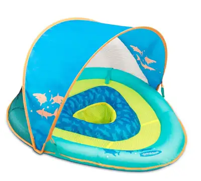 SwimSchool Grow-with-Me Inflatable UV-Protected Baby Swim Float/Boat with Canopy, Blue, Ages 6-24 mo...
