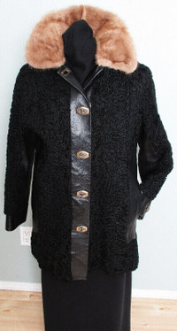 Women's Real Persian Lamb Fur Coat/Jacket, Mink Collar - Large